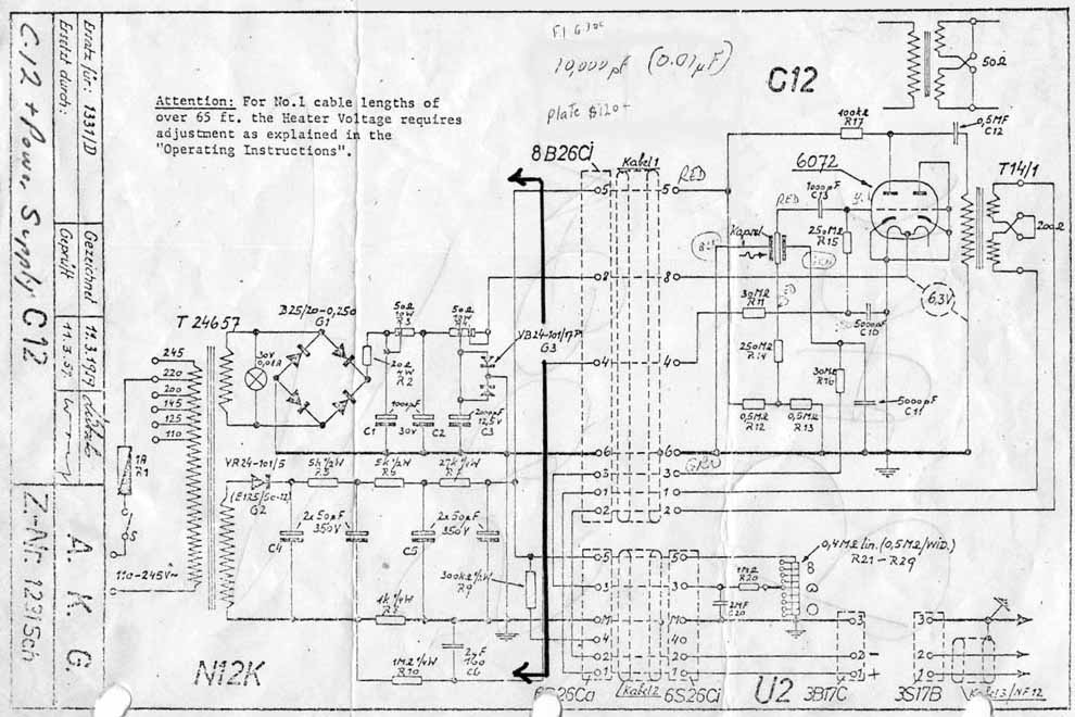 D-12 AKG C12-style tube condenser microphone circuit schematic — tube amplifier stage, output transformer, capsule polarization, and pattern-switch voltage divider.